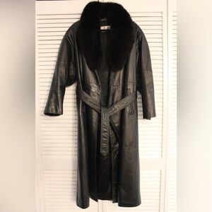 Vintage Black Leather Rallee Full Length Trench Coat with Fur Trim